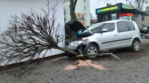 Mokotów: kia skosiła sygnalizator, skoda wjechała w kwiaciarnię