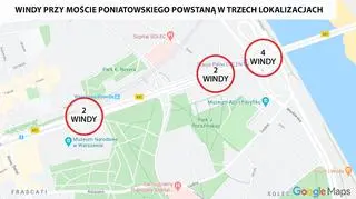 Windy przy moście Poniatowskiego miały powstać w trzech miejscach