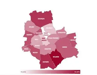 Frekwencja w Warszawie - im ciemniejszy kolor tym wyższa