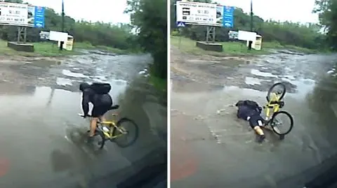 "Polskie drogi. No co zrobisz?". Rowerzysta wylądował w kałuży 