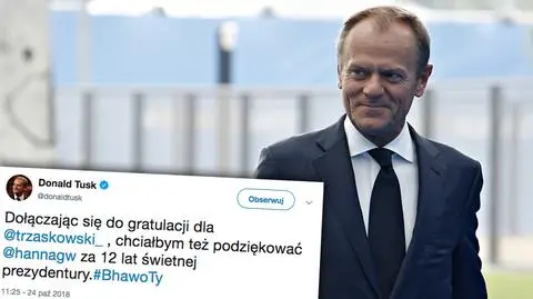 Tusk dziękuje Gronkiewicz-Waltz "za 12 lat świetnej prezydentury. #BhawoTy" 