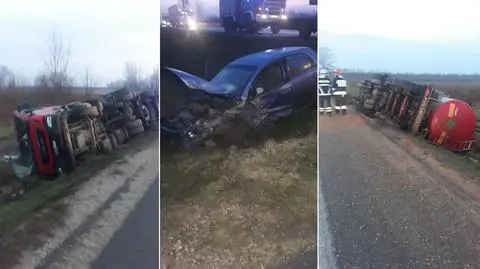 "Cysterna przewoziła krew z ubojni". Uderzyło w nią auto, wpadła do rowu