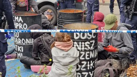 Wysypali trociny, przykuli się do beczek. Protest aktywistów przed ministerstwem