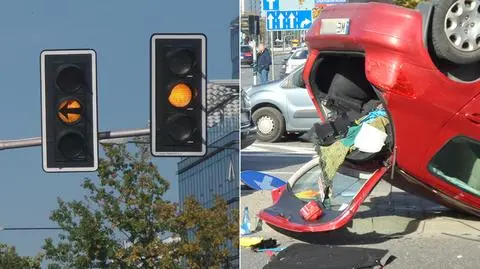 "Dyskoteka" na skrzyżowaniu, dezorientacja kierowców. Dachowanie