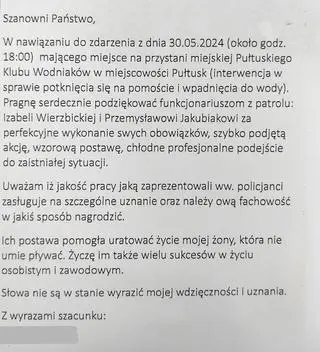 Podziękowania dla policjantów od męża uratowanej kobiety