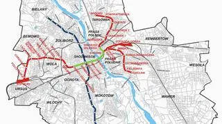 Schemat rozbudowy metra w Warszawie z roboczymi nazwami stacji