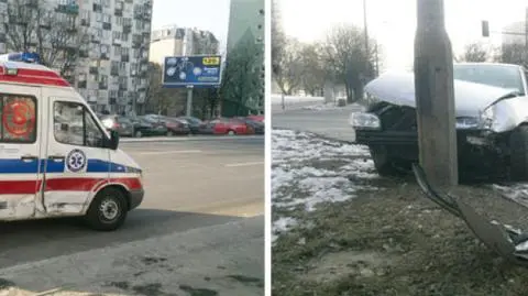 Karetka na czerwonym wjechała na skrzyżowanie. Seat na latarni