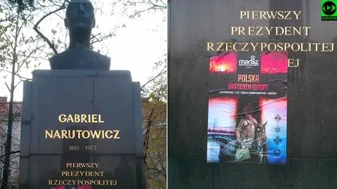 Plakat Marszu Niepodległości na pomniku Narutowicza