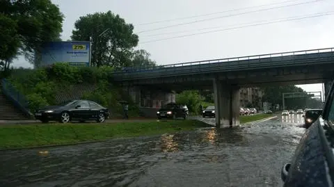 Omijają wielką kałużę po chodniku