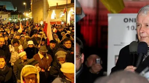 Kaczyński przed pałacem z tortem i kwiatami