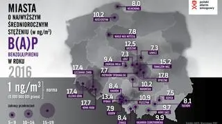 Miasta o najwyższym stężeniu średniorocznym BAP (norma – 1 ng/m3)