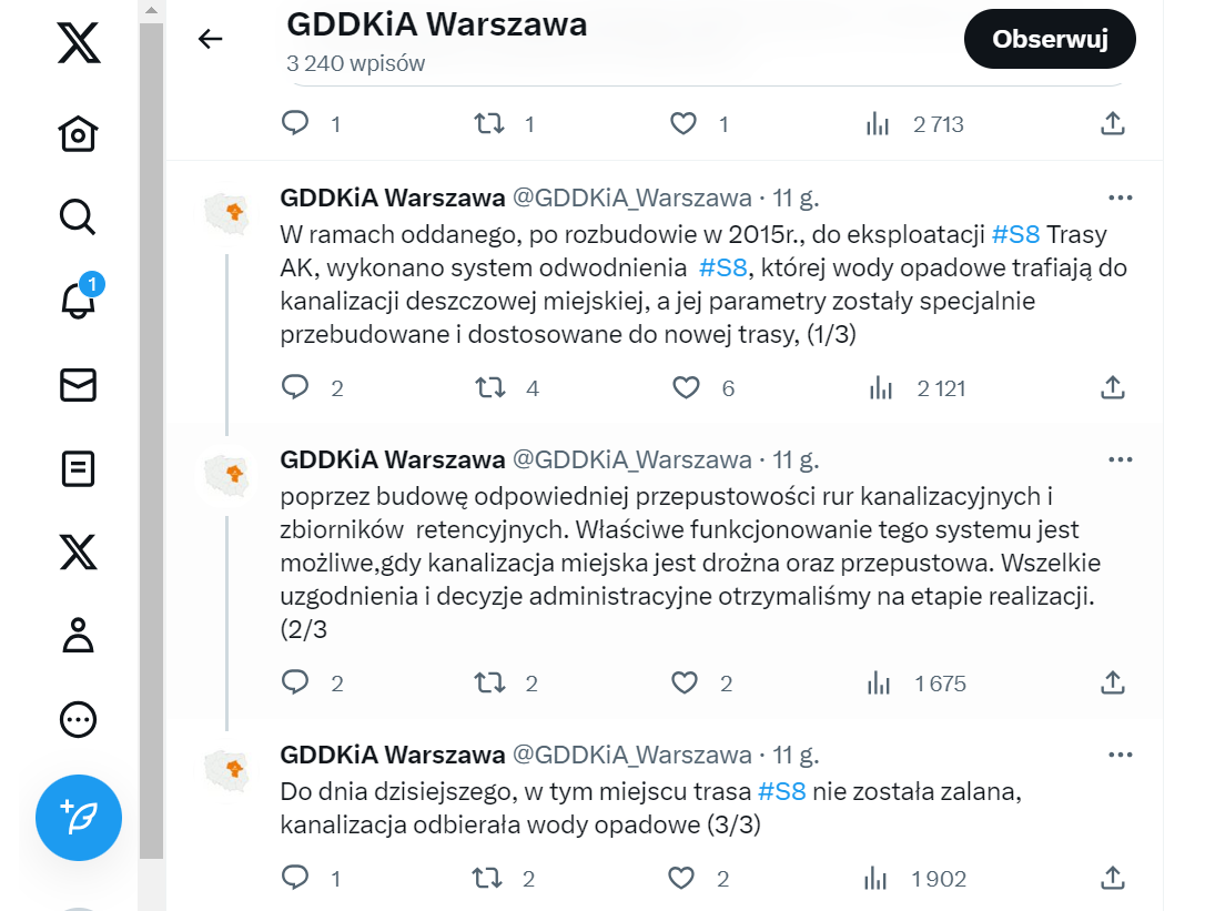 Wpis warszawskiego oddziału GDDKiA na temat sytuacji na S8