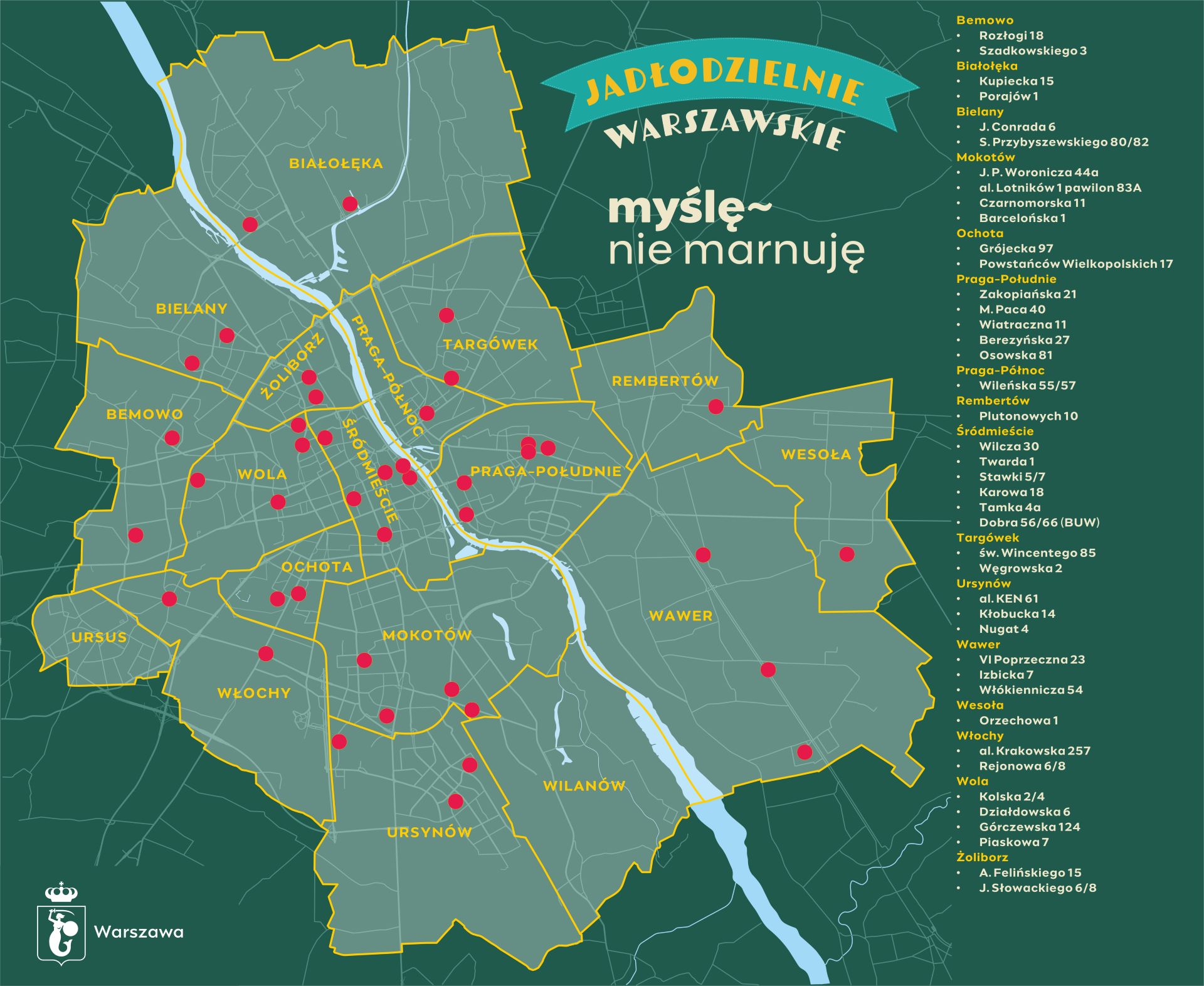 Jadłodzielnie w Warszawie - mapa z adresami 