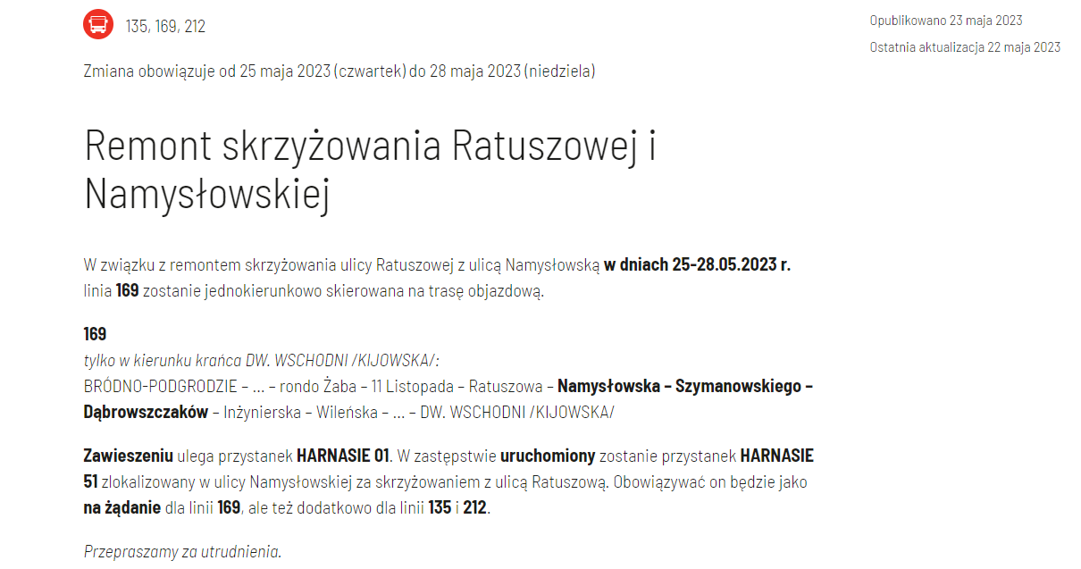 Remont części ulicy Ratuszowej. Zmiany dla korzystających z komunikacji miejskiej