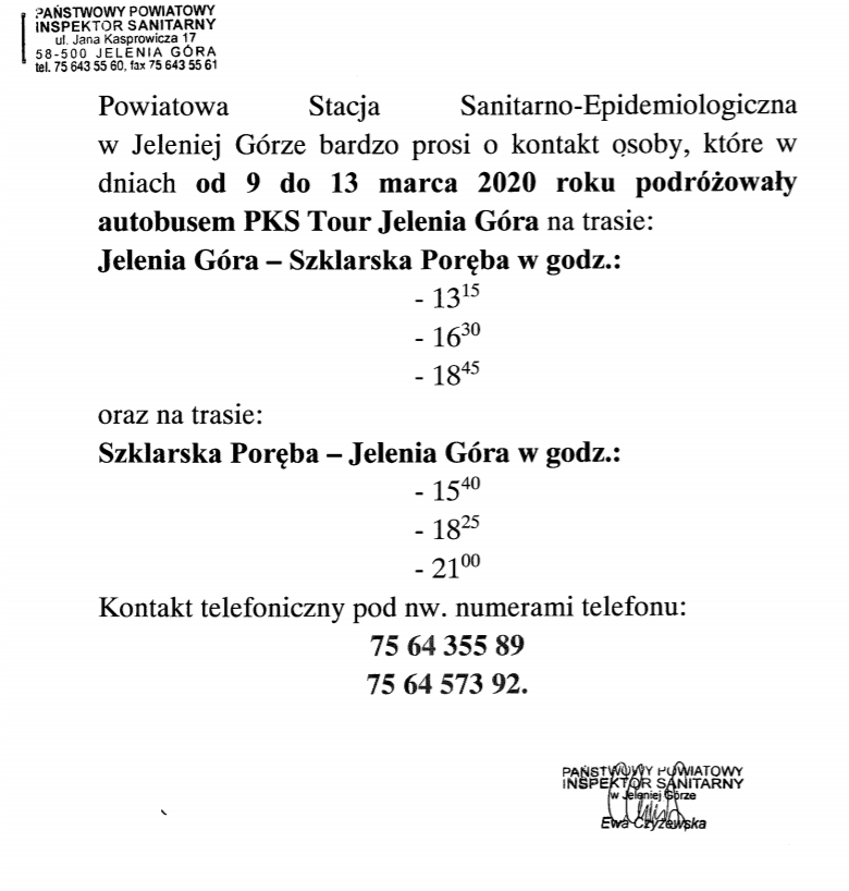 Jeleniogórski sanepid apeluje do pasażerów PKS Tour Jelenia Góra