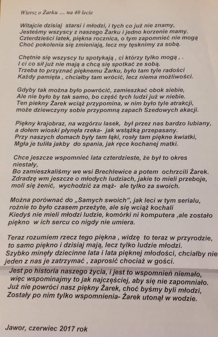 Wiersz o dawnej wsi Żarek autorstwa Kazimiery Mirosławskiej 