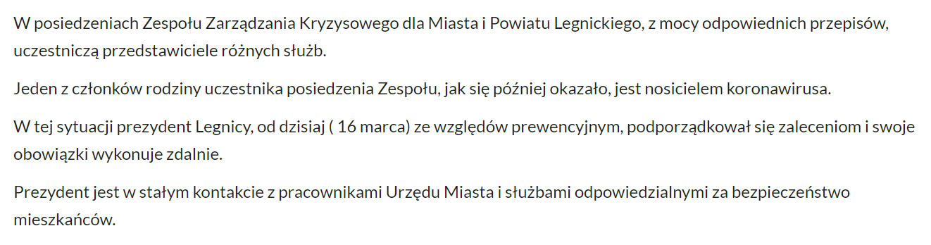 Prezydent Legnicy prewencyjnie poddał się kwarantannie domowej