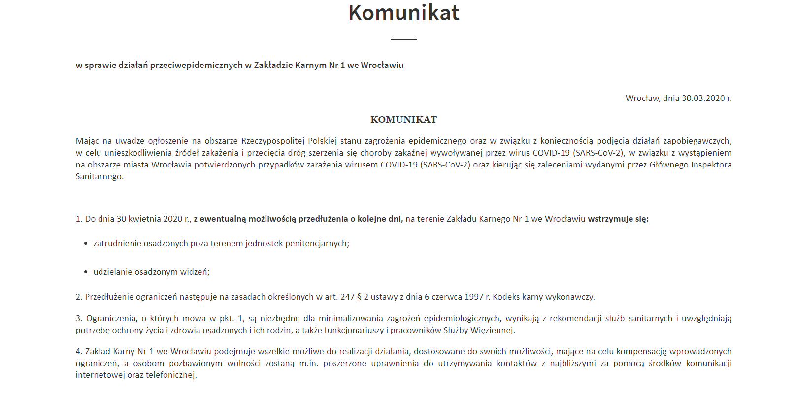 Komunikat dyrektora Zakładu Karnego nr 1 we Wrocławiu