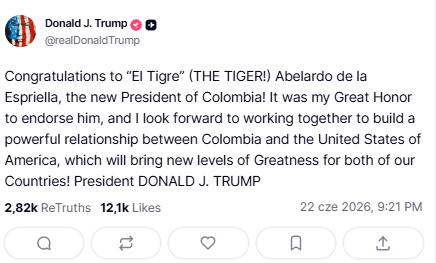 Wpis Donalda Trumpa - 22.06.2026r. 