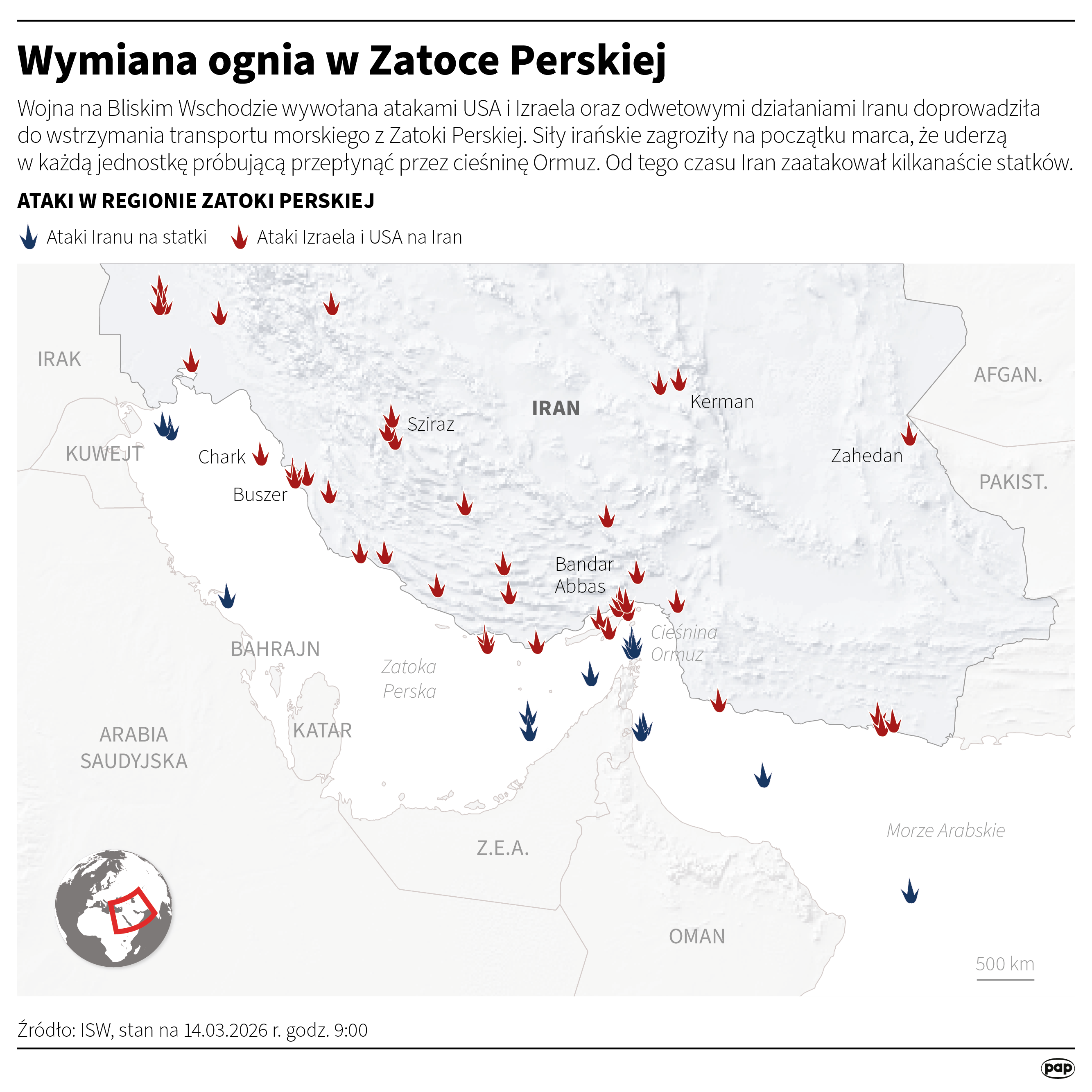 Wymiana ognia w Zatoce Perskiej - stan na 14 marca 2026 roku