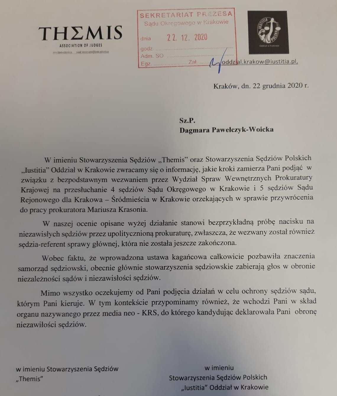 Pismo sędziów do Dagmary Pawelczyk-Woickiej, prezes Sadu Okręgowego w Krakowie 