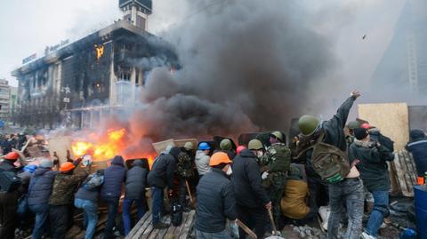 Budynek Związków Zawodowych na Majdanie Niepodległości w Kijowie spłopnął doszczętnie w nocy z 18 na 19 lutego, podczas szturmu Berkutu