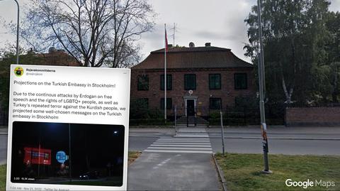 Na budynku tureckiej ambasady w Sztokholmie wyświetlono obrazy. Wideo archiwalne