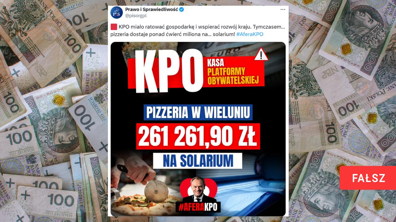 "Ćwierć miliona" na solarium w pizzerii? Fałszywka o KPO na profilu PiS