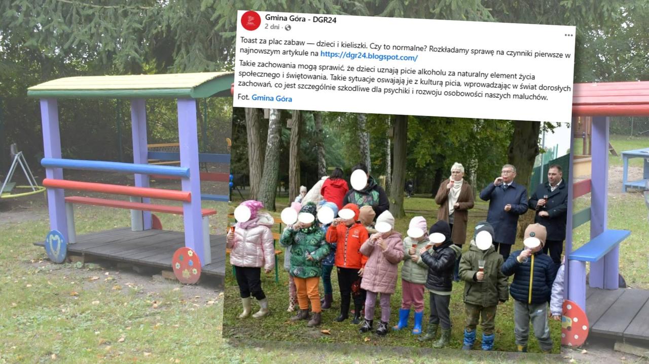 Dzieci z kieliszkami na otwarciu placu zabaw. "Okropne"