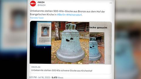 500-kilogramowy dzwon skradziony spod plebanii parafii Berlin-Heinersdorf