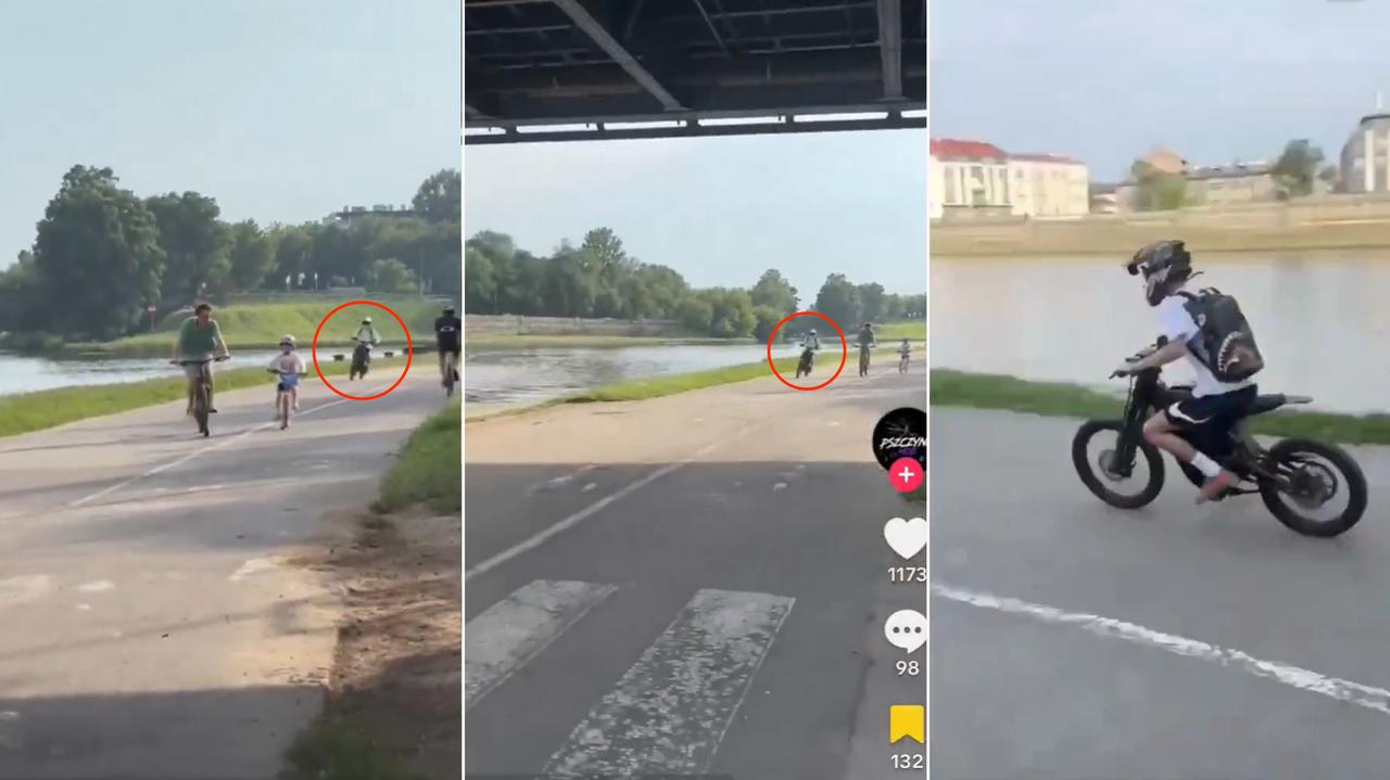Motocyklista pędził przez krakowski bulwar, omijając pieszych i rowerzystów