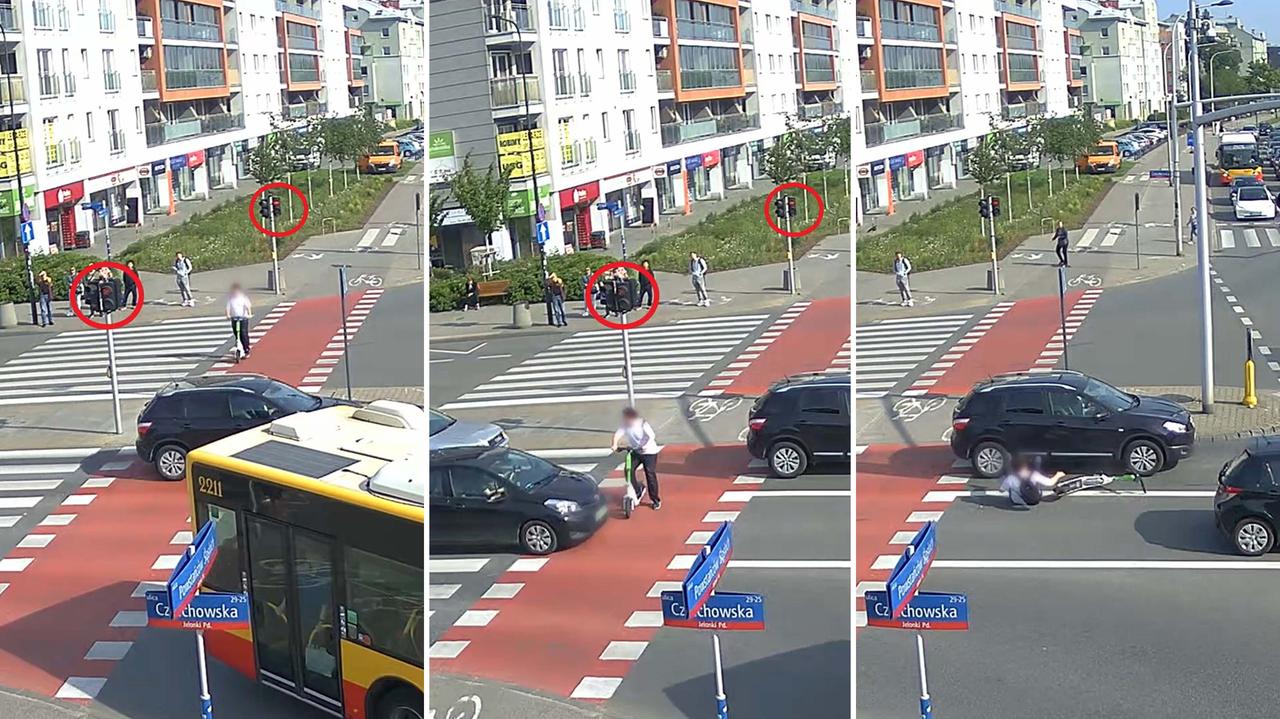 Wjechał hulajnogą wprost pod rozpędzony samochód. Policja pokazała nagranie