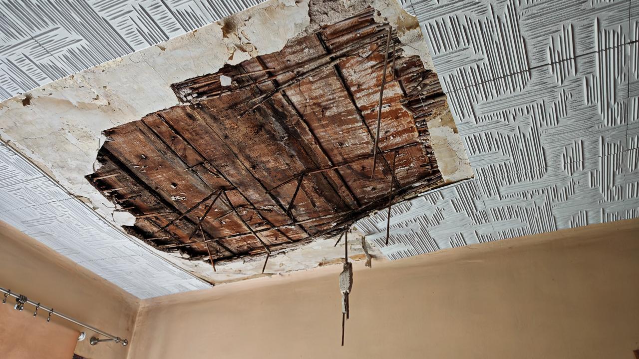 Sufit w łóżku, grzyb na ścianach. 