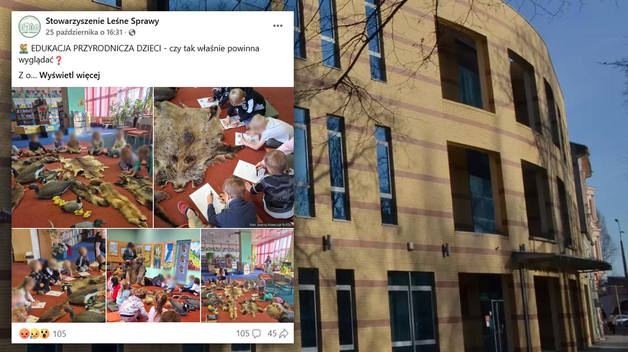 Przedszkolaki, a obok skóry i futra zwierząt. 