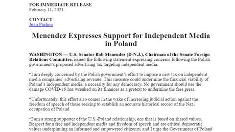 Amerykański Senator apeluje do polskiego rządu