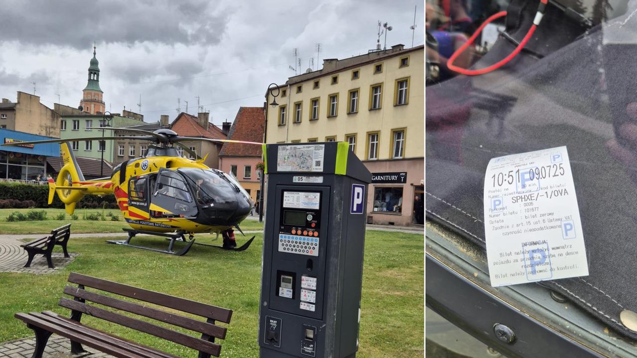 Śmigłowiec LPR wylądował w centrum miasta, pilot pobrał bilet z parkomatu