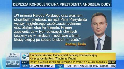 Depesza kondolencyjna Andrzeja Dudy do Władimira Putina