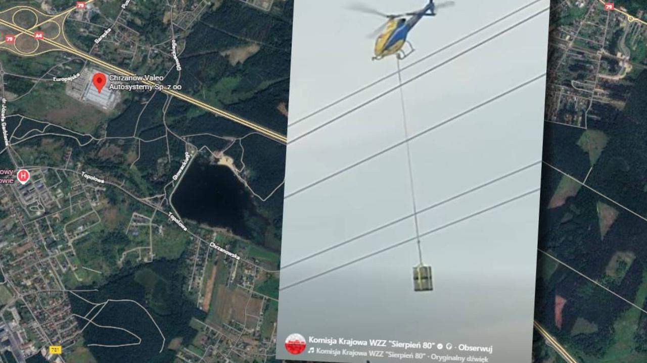 Ładunek odczepił się od liny helikoptera i spadł na ziemię. W tle protest pracowników