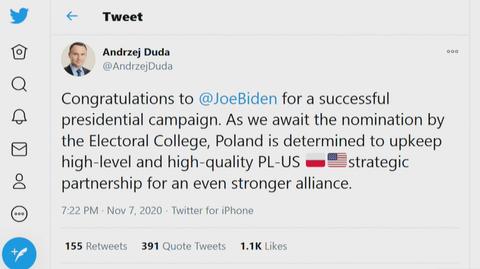Prezydent Duda: gratulacje dla Joe Bidena za udaną kampanię prezydencką