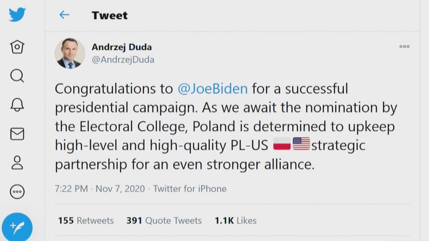Prezydent Duda: gratulacje dla Joe Bidena za udaną kampanię prezydencką