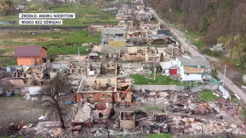 Zniszczona wioska Moszczun w obwodzie kijowskim 