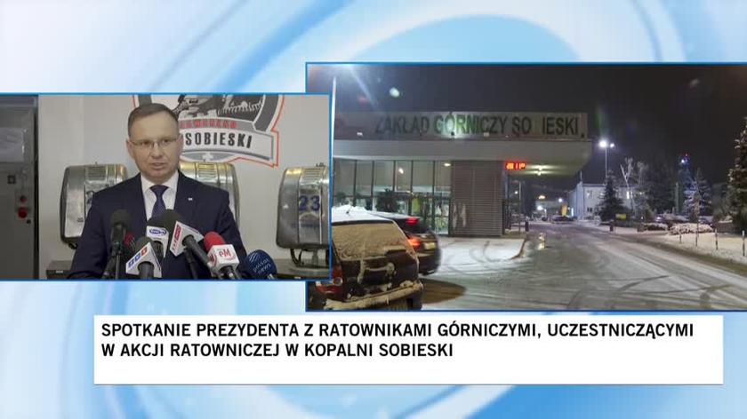Wypadek w kopalni Sobieski w Jaworznie. Spotkanie prezydenta Andrzeja Dudy z ratownikami