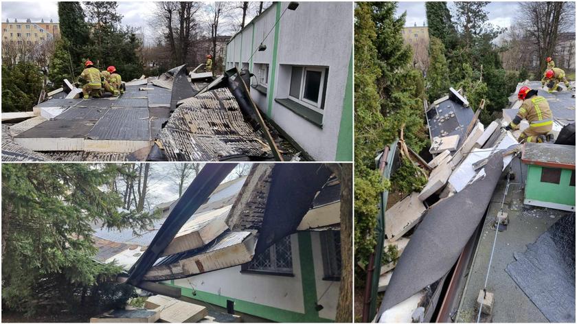 Wiatr zerwał dach szkoły w Kutnie (wideo bez dźwięku)