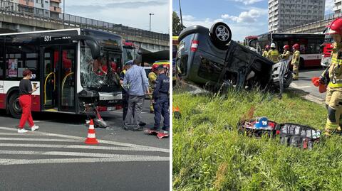 Wypadek na rondzie w Opolu. Zderzenie samochodu z autobusem 