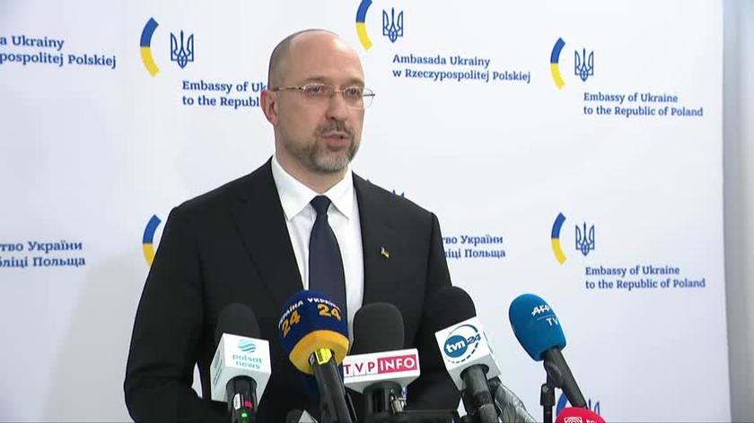 Premier Ukrainy Denys Szmyhal na konferencji w Warszawie