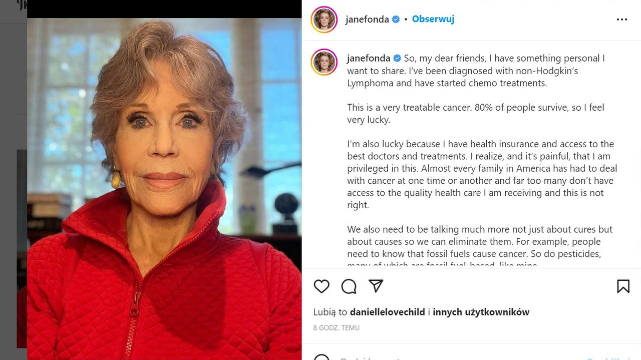Jane Fonda tiene cáncer.  La actriz estadounidense padece cáncer y comienza tratamiento