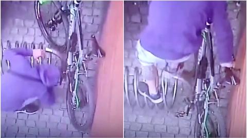 Chciał ukraść rower, nie poradził sobie z zabezpieczeniem. Próbował walczyć ze stojakiem (wideo z 9.06.2022)