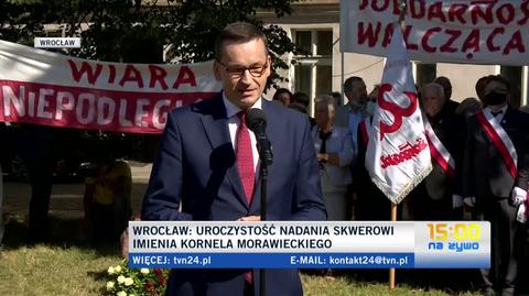 Premier Mateusz Morawiecki podczas uroczystości nadania skwerowi imienia Kornela Morawieckiego