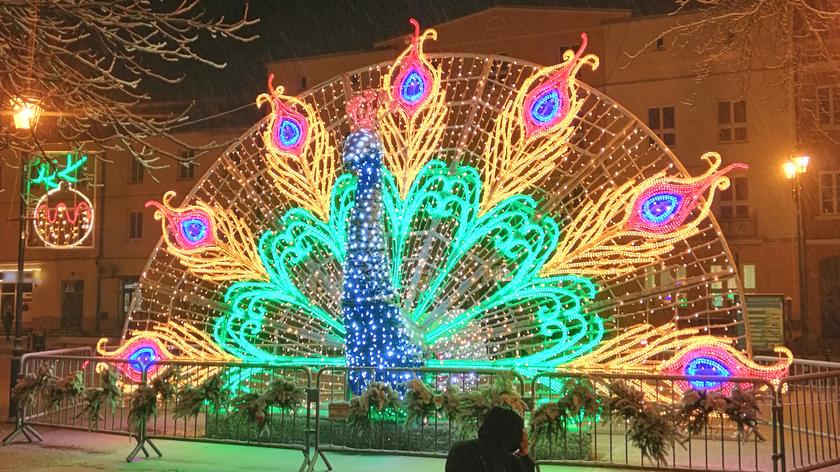 Krasnystaw. Na rynku pojawiały się świąteczne iluminacje. Trwa dyskusja na temat kolorowego pawia