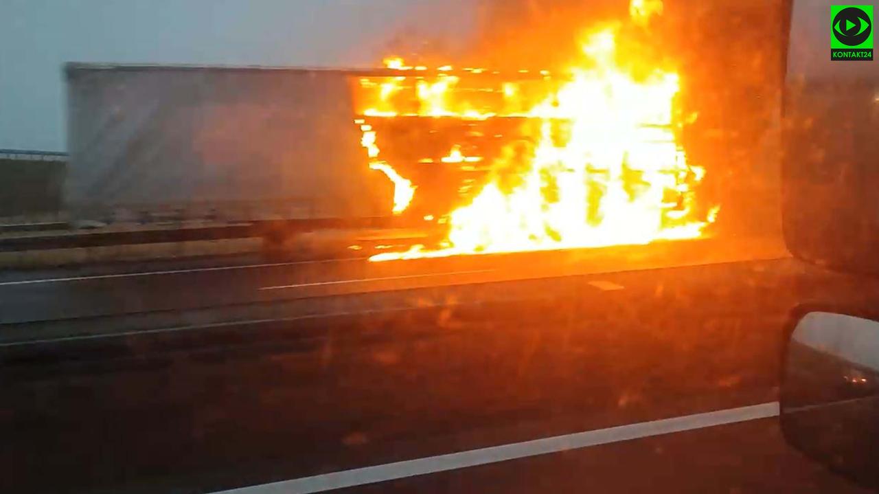 A fire on a truck trailer.  "Burning paraffin shoots up" thumbnail